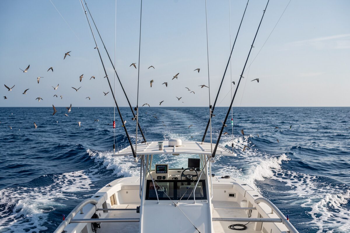 Un bateau de pêche sportive au large, ligne traînante dans le sillage, mer bleu profond et côte aride en ligne d'horizon.