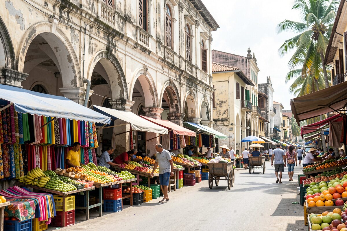 Une rue de ville portuaire sous les tropiques, arcades et façades colorées fatiguées, passants, charrettes, lumière dure de midi.