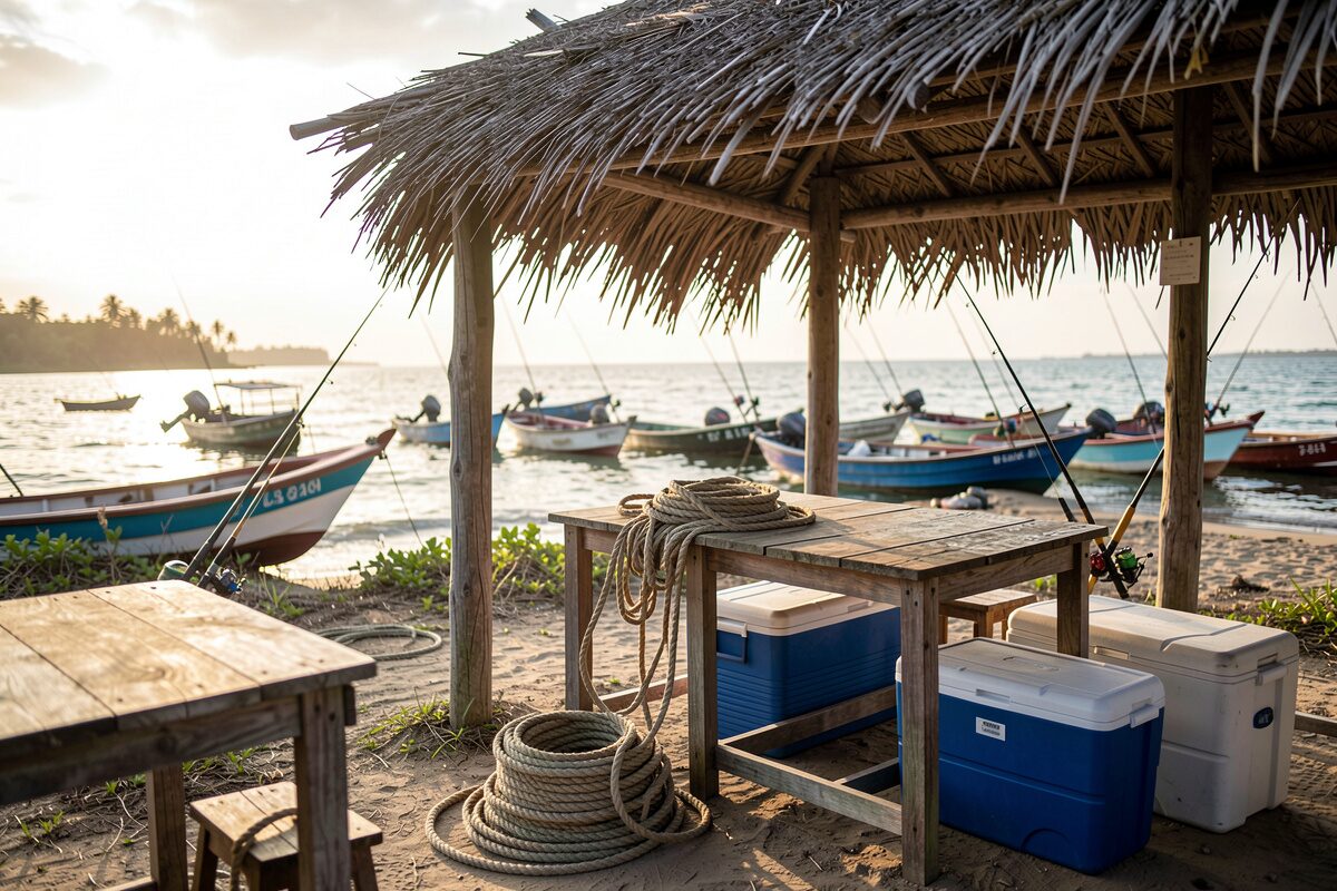 Un camp de pêche simple en bord de mer, cases en matériaux sous les arbres, bateau tiré sur le sable, matériel séchant au soleil.