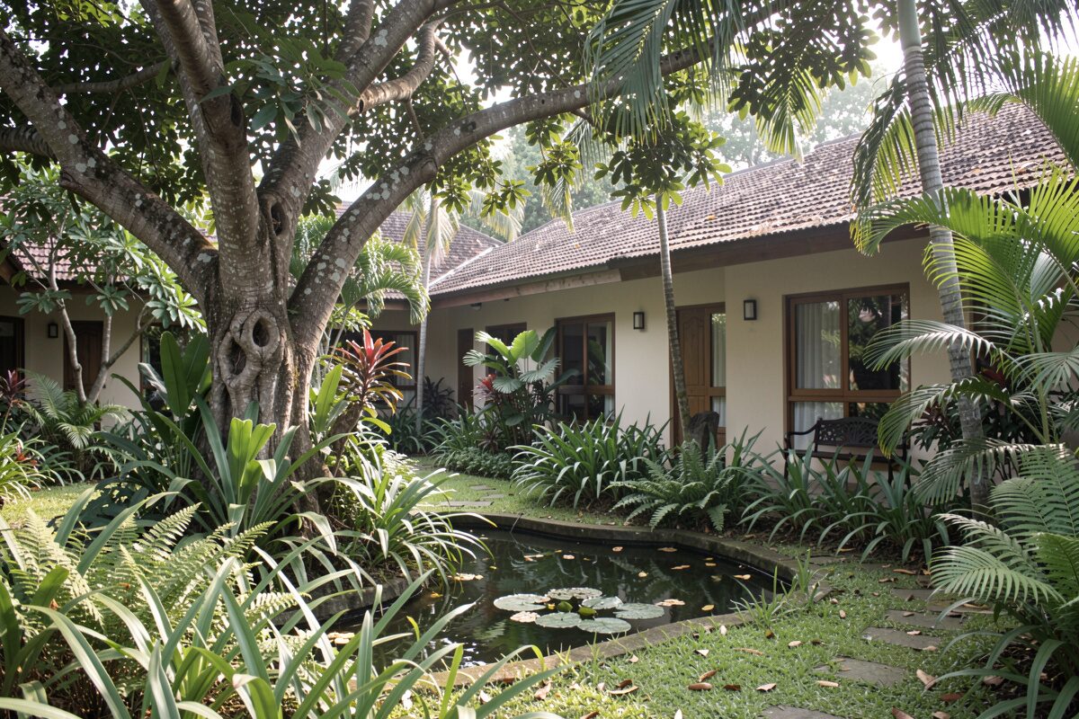 Une cour d'hôtel tropical tranquille, jardin dense, petit bassin ombragé, façade simple sous les arbres, lumière du matin.